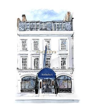 Hand drawn illustration of the front of Soteby's auction house, London